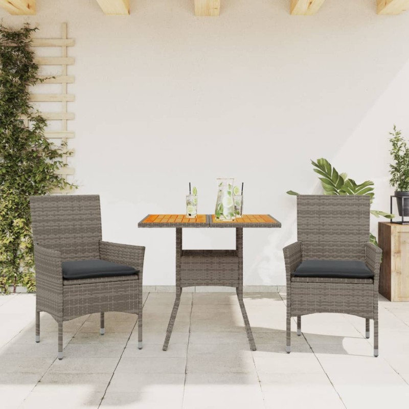 vidaXL Set de comedor jardín 3 pzas con cojines ratán PE acacia gris vidaXL Set de comedor jardín 3 pzas con cojines ratán PE acacia gris