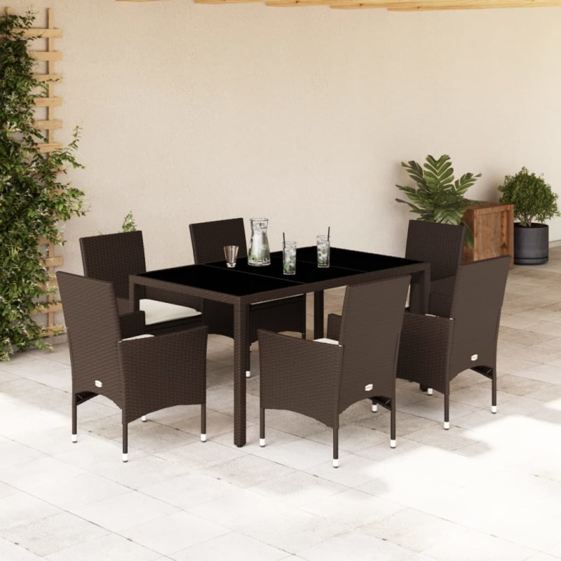vidaXL Juego de comedor de jardín 7 pzas con cojines ratán PE marrón vidaXL Juego de comedor de jardín 7 pzas con cojines ratán PE marrón