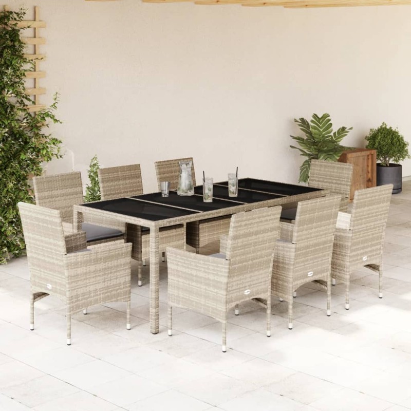vidaXL Set de comedor jardín 9 piezas y cojines ratán PE y vidrio gris vidaXL Set de comedor jardín 9 piezas y cojines ratán PE y vidrio gris