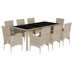 vidaXL Set de comedor jardín 9 piezas y cojines ratán PE y vidrio gris