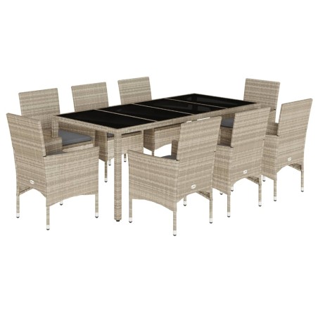 vidaXL Set de comedor jardín 9 piezas y cojines ratán PE y vidrio gris