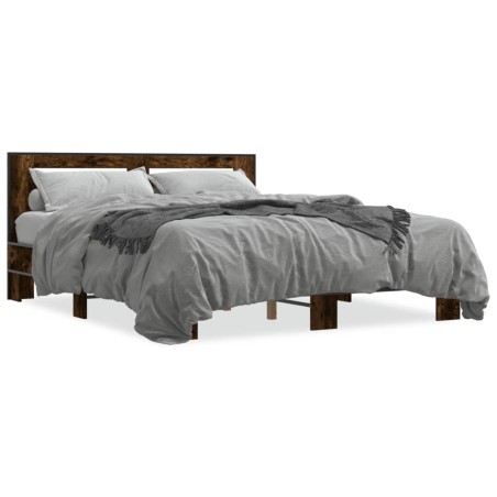 vidaXL Estructura cama madera ingeniería metal roble ahumado 160x200cm