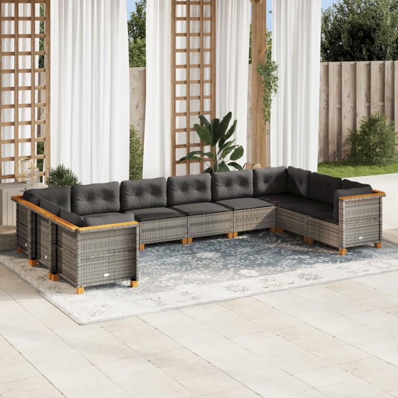 vidaXL Set de sofás de jardín 10 pzas con cojines ratán sintético gris vidaXL Set de sofás de jardín 10 pzas con cojines ratán sintético gris