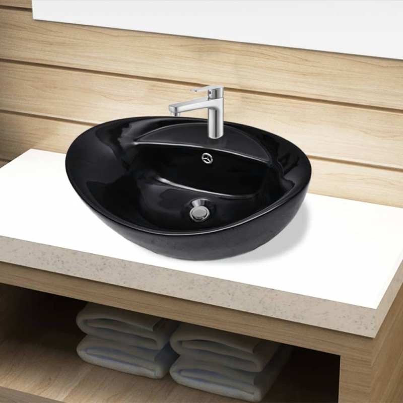 Lavabo de cerámica con agujero para grifo/desagüe negro ovalado Lavabo de cerámica con agujero para grifo/desagüe negro ovalado