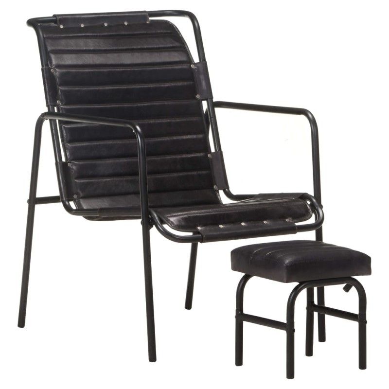 vidaXL Silla de relax reposabrazos y reposapiés cuero auténtico negro vidaXL Silla de relax reposabrazos y reposapiés cuero auténtico negro