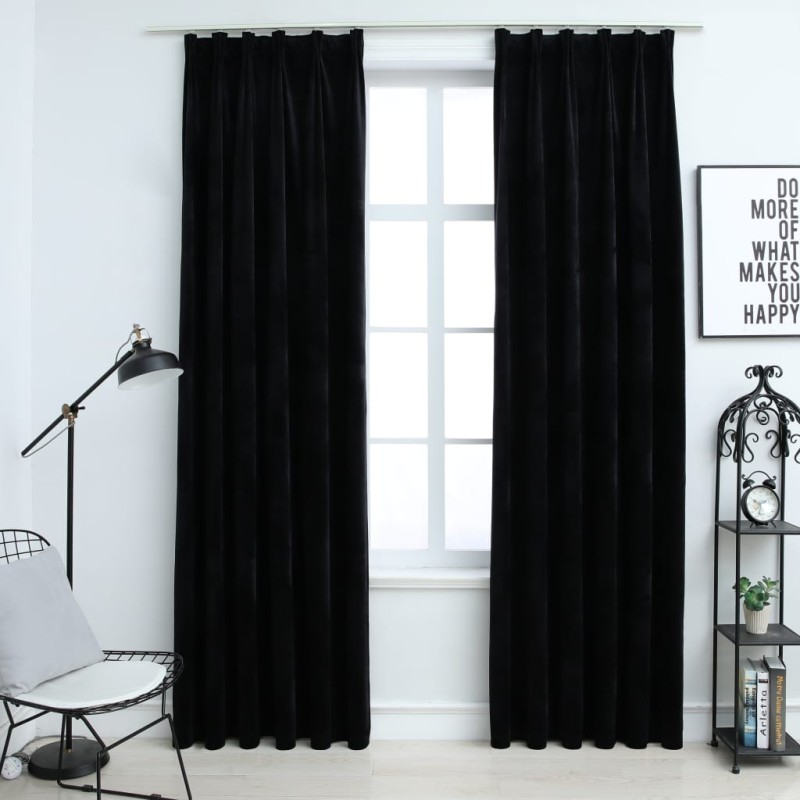 vidaXL Cortinas opacas con ganchos 2 pzas terciopelo negro 140x175 cm
