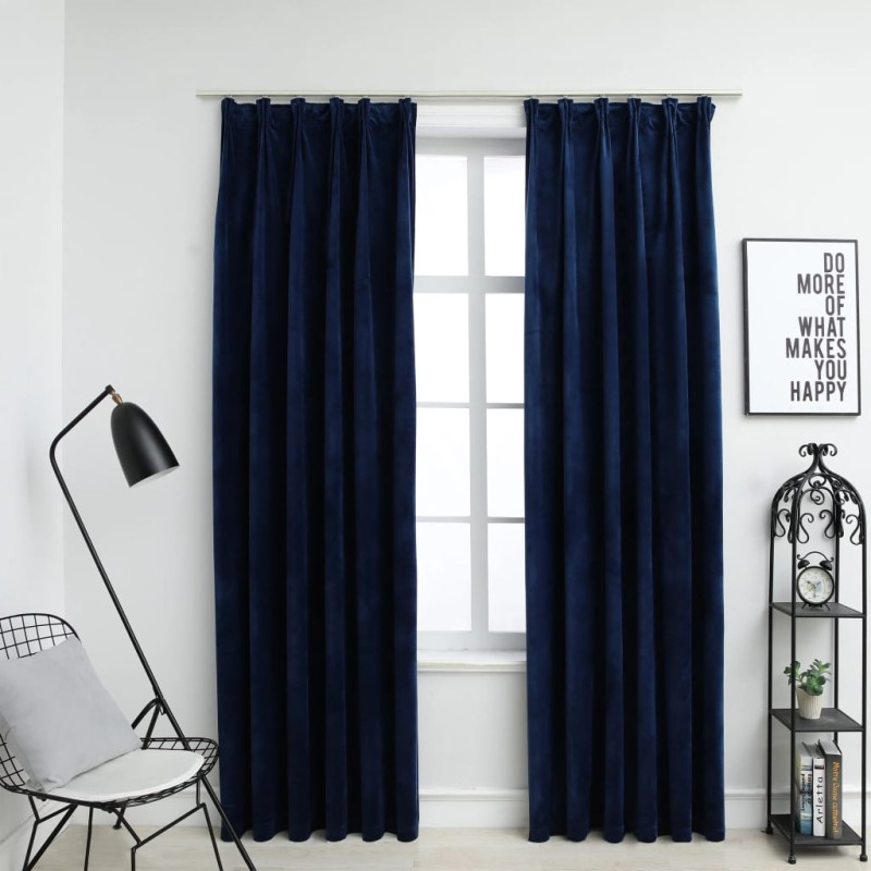 vidaXL Cortinas opacas ganchos 2 pzas terciopelo azul oscuro 140x245cm