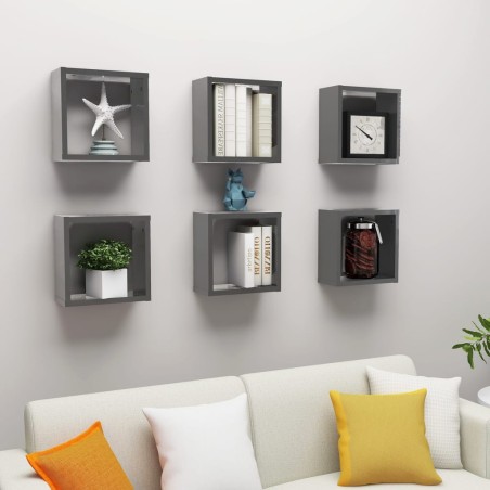 vidaXL Estantes cubo de pared 6 unidades gris brillo 30x15x30 cm