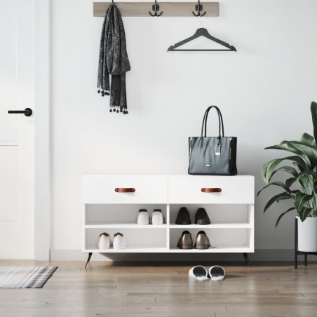 vidaXL Banco zapatero madera de ingeniería blanco brillo 102x35x55 cm