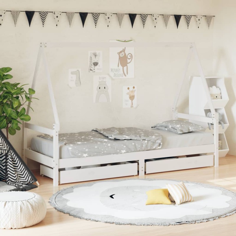 vidaXL Estructura cama infantil y cajones madera pino blanco 90x190 cm vidaXL Estructura cama infantil y cajones madera pino blanco 90x190 cm