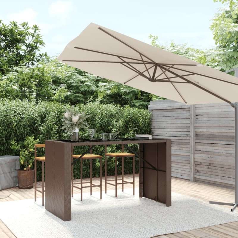vidaXL Mesa alta bar superficie vidrio ratán PE marrón 185x80x110 cm vidaXL Mesa alta bar superficie vidrio ratán PE marrón 185x80x110 cm
