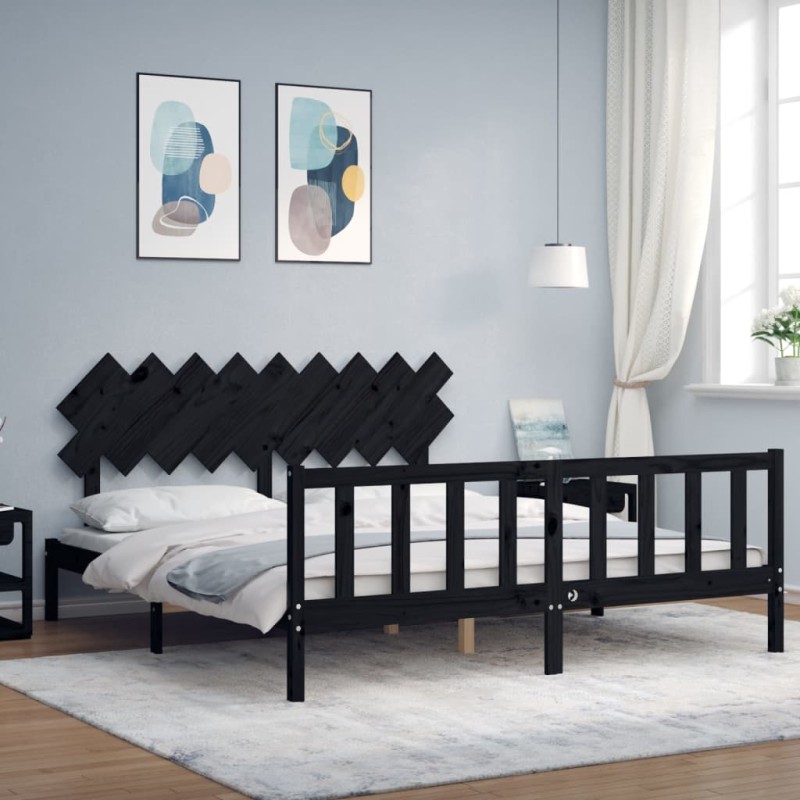 vidaXL Estructura cama de matrimonio con cabecero madera maciza negro vidaXL Estructura cama de matrimonio con cabecero madera maciza negro