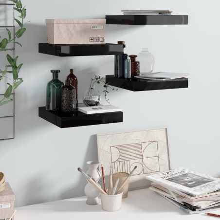 vidaXL Estante flotante de pared 4 uds MDF negro brillo 23x23,5x3,8cm