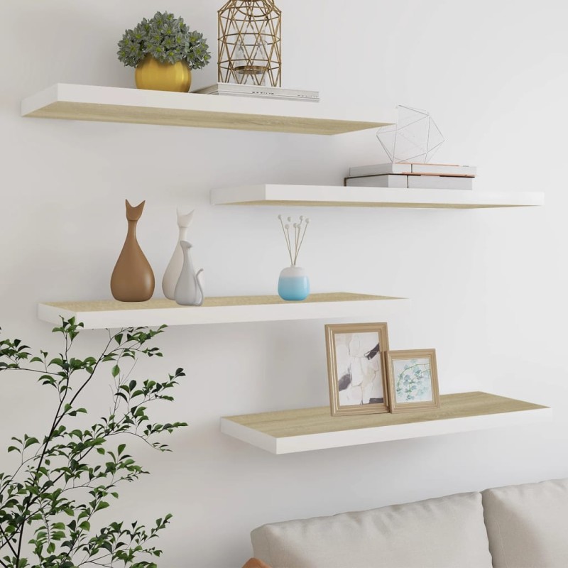 vidaXL Estante flotante pared 4 uds MDF roble y blanco 80x23,5x3,8 cm vidaXL Estante flotante pared 4 uds MDF roble y blanco 80x23,5x3,8 cm