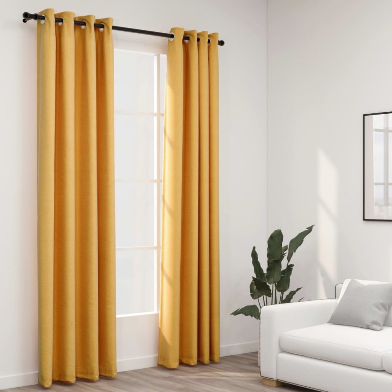 vidaXL Cortinas opacas con ojales look lino 2 pzas amarillo 140x225 cm vidaXL Cortinas opacas con ojales look lino 2 pzas amarillo 140x225 cm