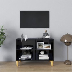 vidaXL Mueble de TV patas de madera maciza negro brillo 69,5x30x50 cm