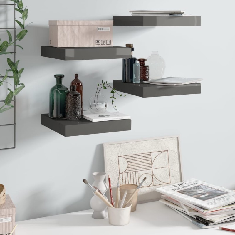 vidaXL Estante flotante de pared 4 uds MDF gris brillo 23x23,5x3,8 cm
