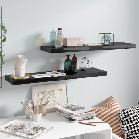 vidaXL Estantes flotantes pared 2 uds MDF negro brillo 90x23,5x3,8 cm
