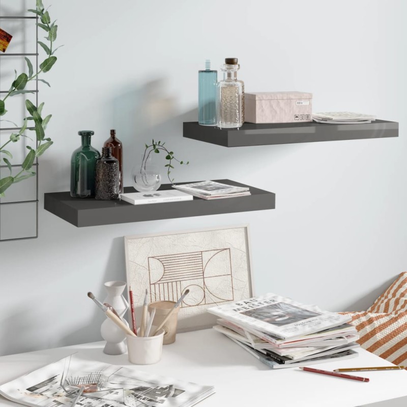 vidaXL Estantes flotantes de pared 2 uds MDF gris brillo 50x23x3,8 cm vidaXL Estantes flotantes de pared 2 uds MDF gris brillo 50x23x3,8 cm
