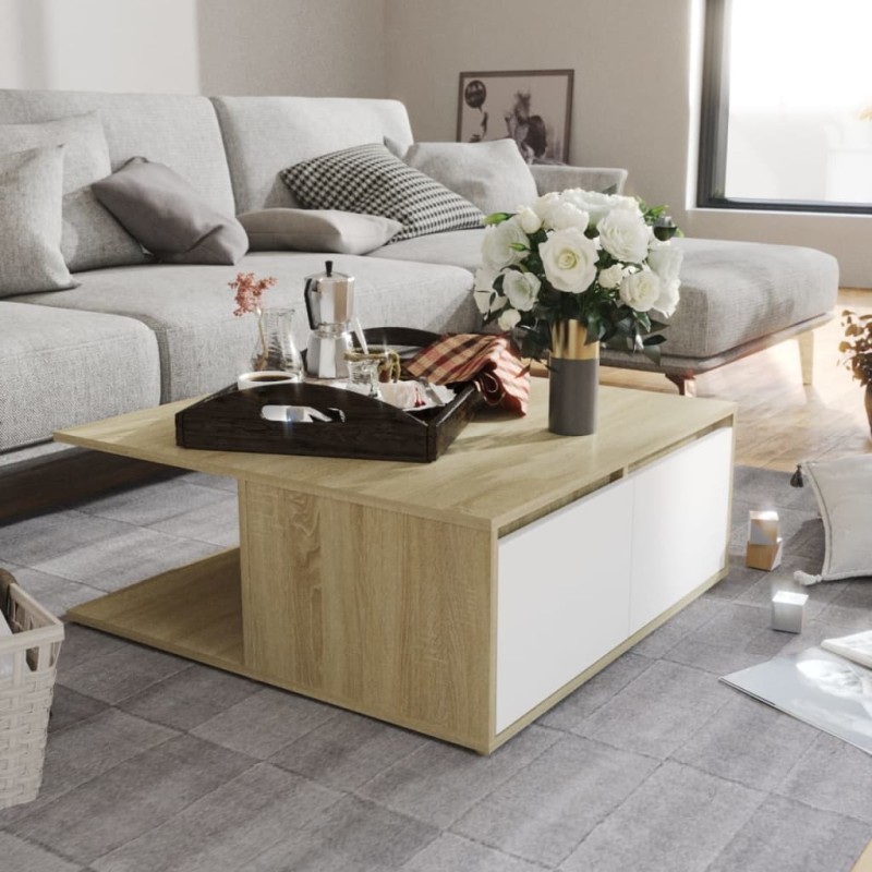 vidaXL Mesa de centro madera contrachapada blanco y roble 80x80x31 cm vidaXL Mesa de centro madera contrachapada blanco y roble 80x80x31 cm