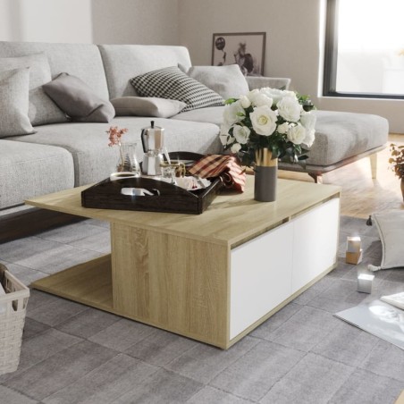 vidaXL Mesa de centro madera contrachapada blanco y roble 80x80x31 cm