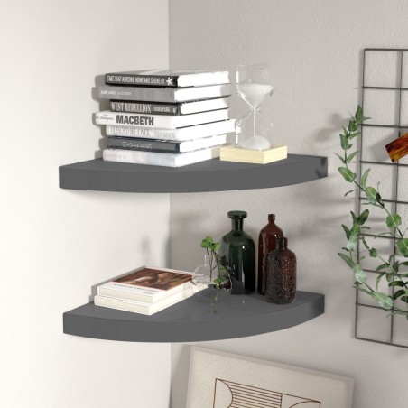 vidaXL Estantes flotantes esquina 2 uds MDF gris brillo 35x35x3,8 cm