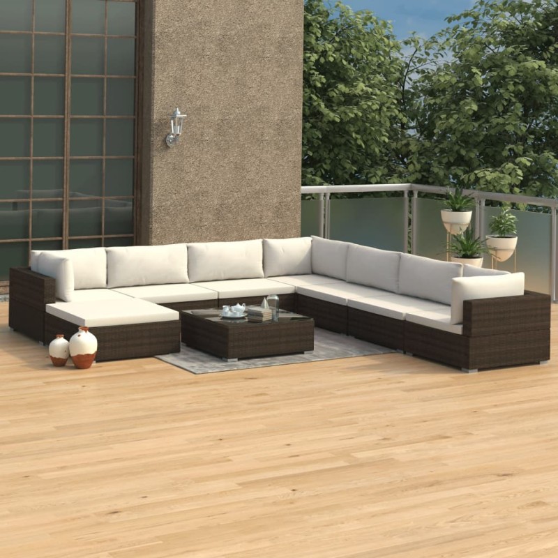 vidaXL Set muebles de jardín 9 piezas y cojines ratán sintético marrón vidaXL Set muebles de jardín 9 piezas y cojines ratán sintético marrón