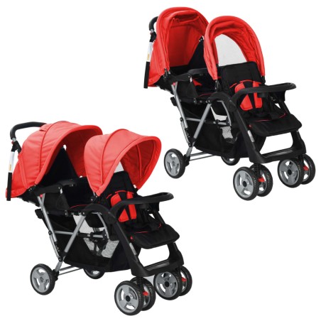 vidaXL Carrito para 2 niños tandem de acero rojo y negro 