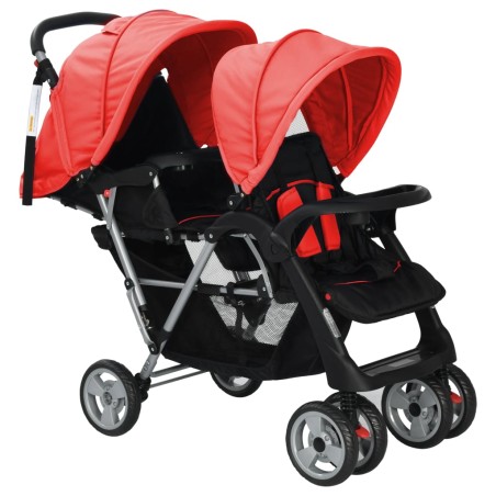 vidaXL Carrito para 2 niños tandem de acero rojo y negro 