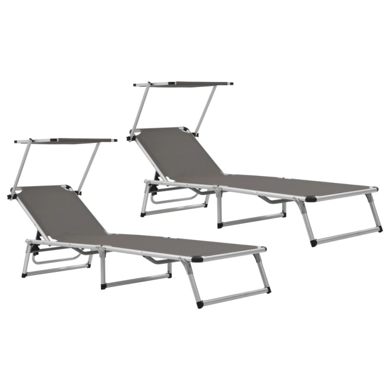 vidaXL Tumbonas plegables con techo 2 uds aluminio y textilene gris vidaXL Tumbonas plegables con techo 2 uds aluminio y textilene gris