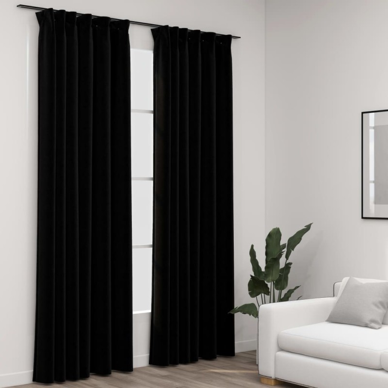 vidaXL Cortinas opacas con ganchos look de lino 2 pzas negro 140x245cm vidaXL Cortinas opacas con ganchos look de lino 2 pzas negro 140x245cm
