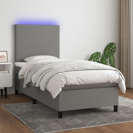 vidaXL Cama box spring colchón y luces LED tela gris oscuro 90x200 cm