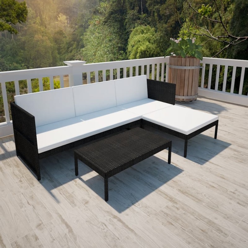 vidaXL Set de muebles de jardín 3 pzas y cojines ratán sintético negro vidaXL Set de muebles de jardín 3 pzas y cojines ratán sintético negro