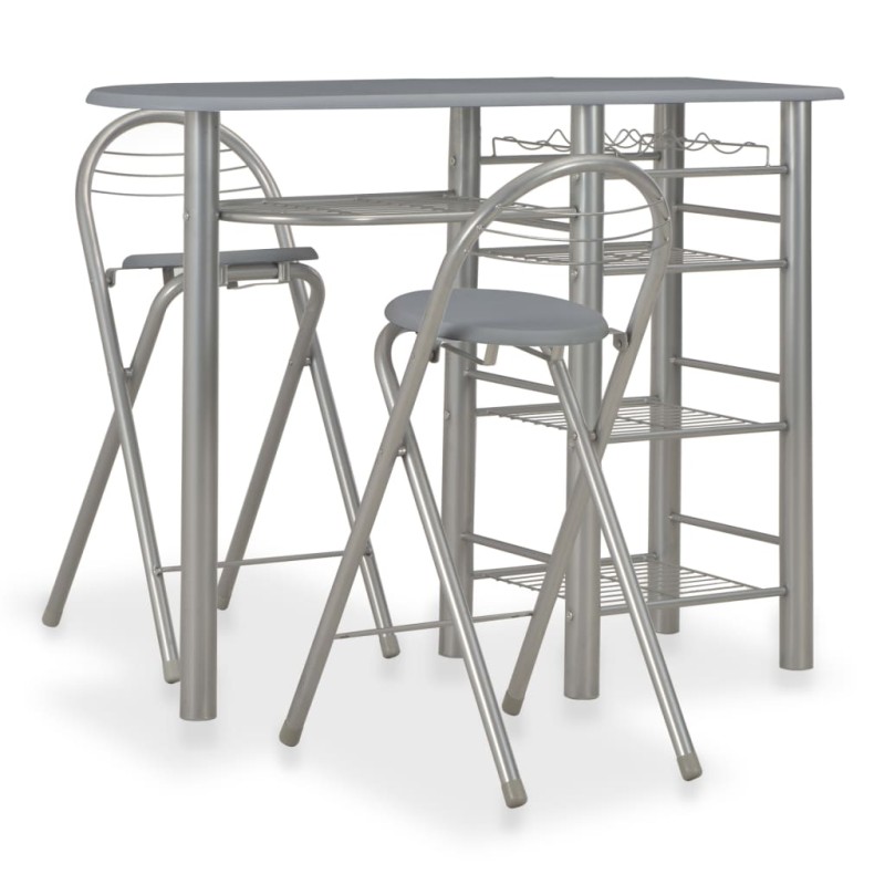 vidaXL Mesa y taburetes de cocina con estantes de madera y acero gris vidaXL Mesa y taburetes de cocina con estantes de madera y acero gris