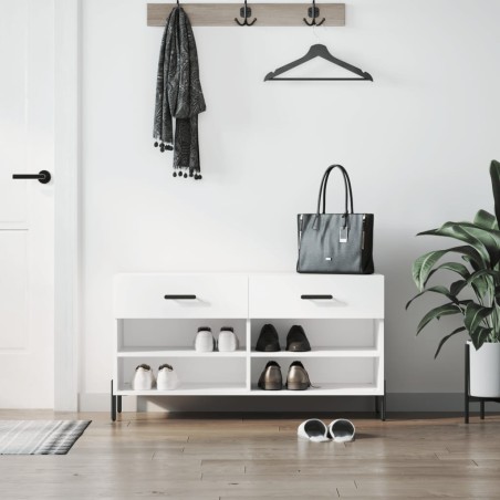 vidaXL Banco zapatero madera de ingeniería blanco brillo 102x35x55 cm