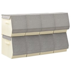 vidaXL Cajas de almacenaje apilables con tapas 8 uds tela gris y crema