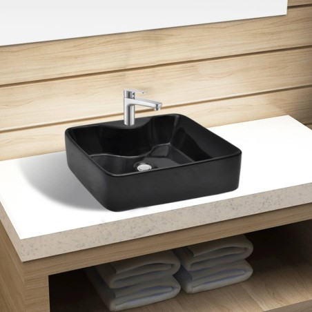 vidaXL Lavabo de cerámica cuadrado con orificio de grifo/desagüe negro 