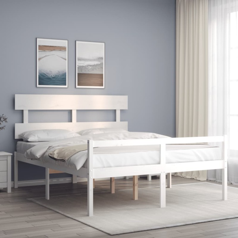 vidaXL Cama personas mayores cabecero madera maciza blanco 160x200 cm vidaXL Cama personas mayores cabecero madera maciza blanco 160x200 cm