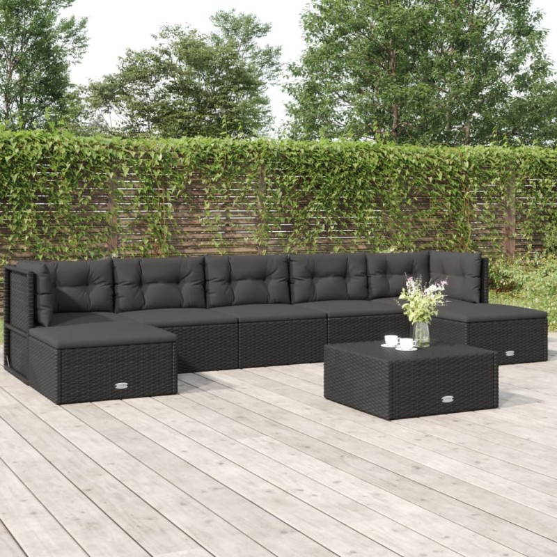 vidaXL Set de muebles de jardín y cojines 7 pzas ratán sintético negro