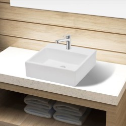vidaXL Lavabo de cerámica cuadrado orificio de grifo y desagüe blanco 