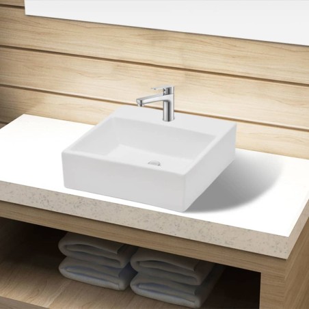 vidaXL Lavabo de cerámica cuadrado orificio de grifo y desagüe blanco 