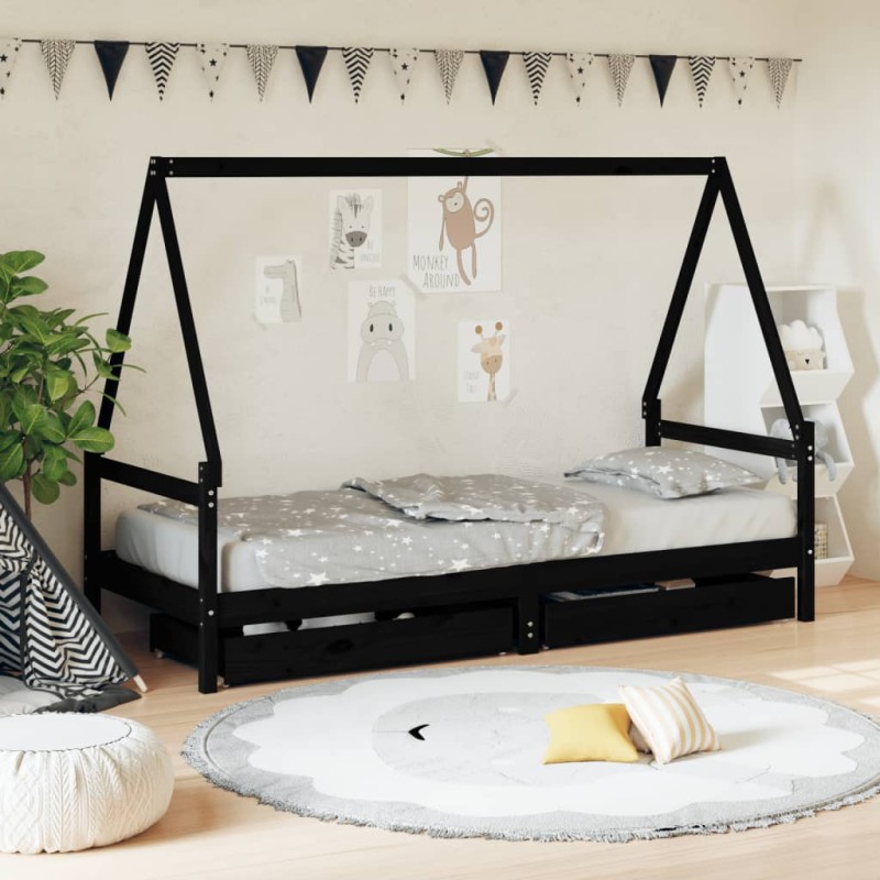 vidaXL Estructura de cama niños con cajones madera pino negro 80x200cm vidaXL Estructura de cama niños con cajones madera pino negro 80x200cm