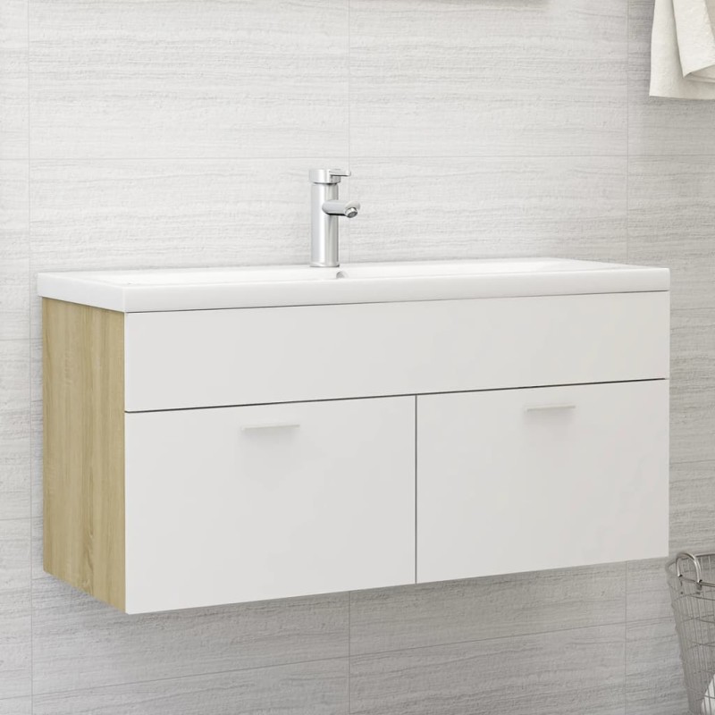 vidaXL Mueble con lavabo madera de ingeniería blanco y roble Sonoma vidaXL Mueble con lavabo madera de ingeniería blanco y roble Sonoma