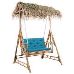 vidaXL Banco columpio de 2 plazas hojas de palma y cojín bambú 202 cm