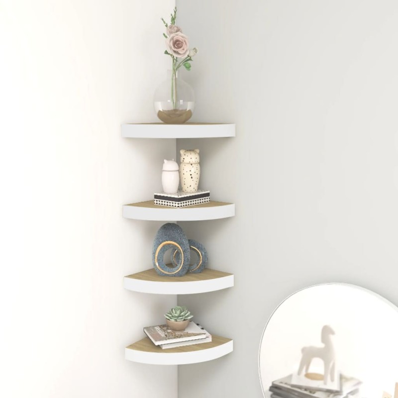 vidaXL Estante esquina de pared 4 uds MDF roble y blanco 25x25x3,8 cm vidaXL Estante esquina de pared 4 uds MDF roble y blanco 25x25x3,8 cm