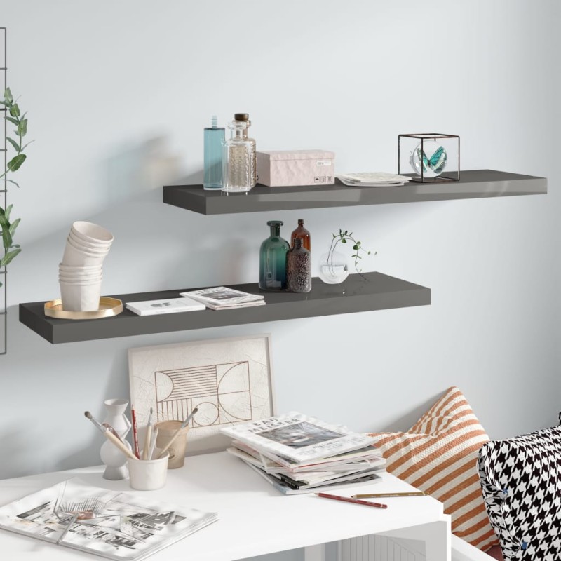 vidaXL Estantes flotantes pared 2 uds MDF gris brillo 90x23,5x3,8 cm vidaXL Estantes flotantes pared 2 uds MDF gris brillo 90x23,5x3,8 cm