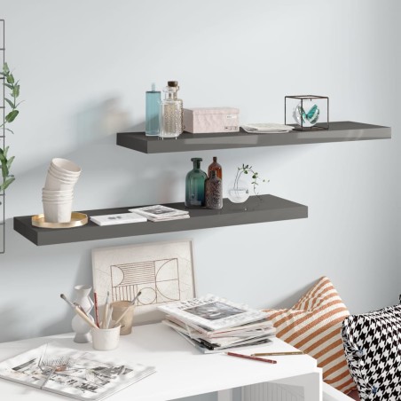 vidaXL Estantes flotantes pared 2 uds MDF gris brillo 90x23,5x3,8 cm