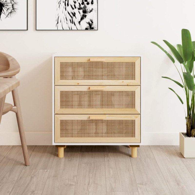 vidaXL Aparador blanco madera pino maciza y ratán natural 60x30x70 cm