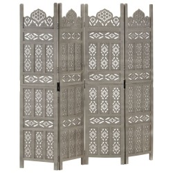 vidaXL Biombo 4 paneles tallado a mano madera mango gris 160x165 cm
