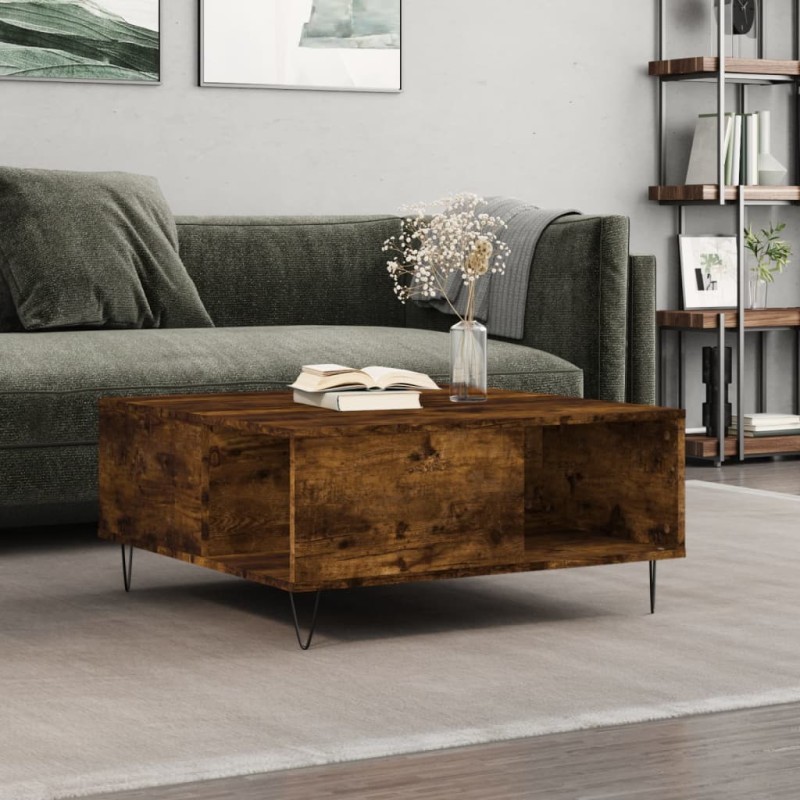 vidaXL Mesa de centro madera contrachapada roble ahumado 80x80x36,5 cm